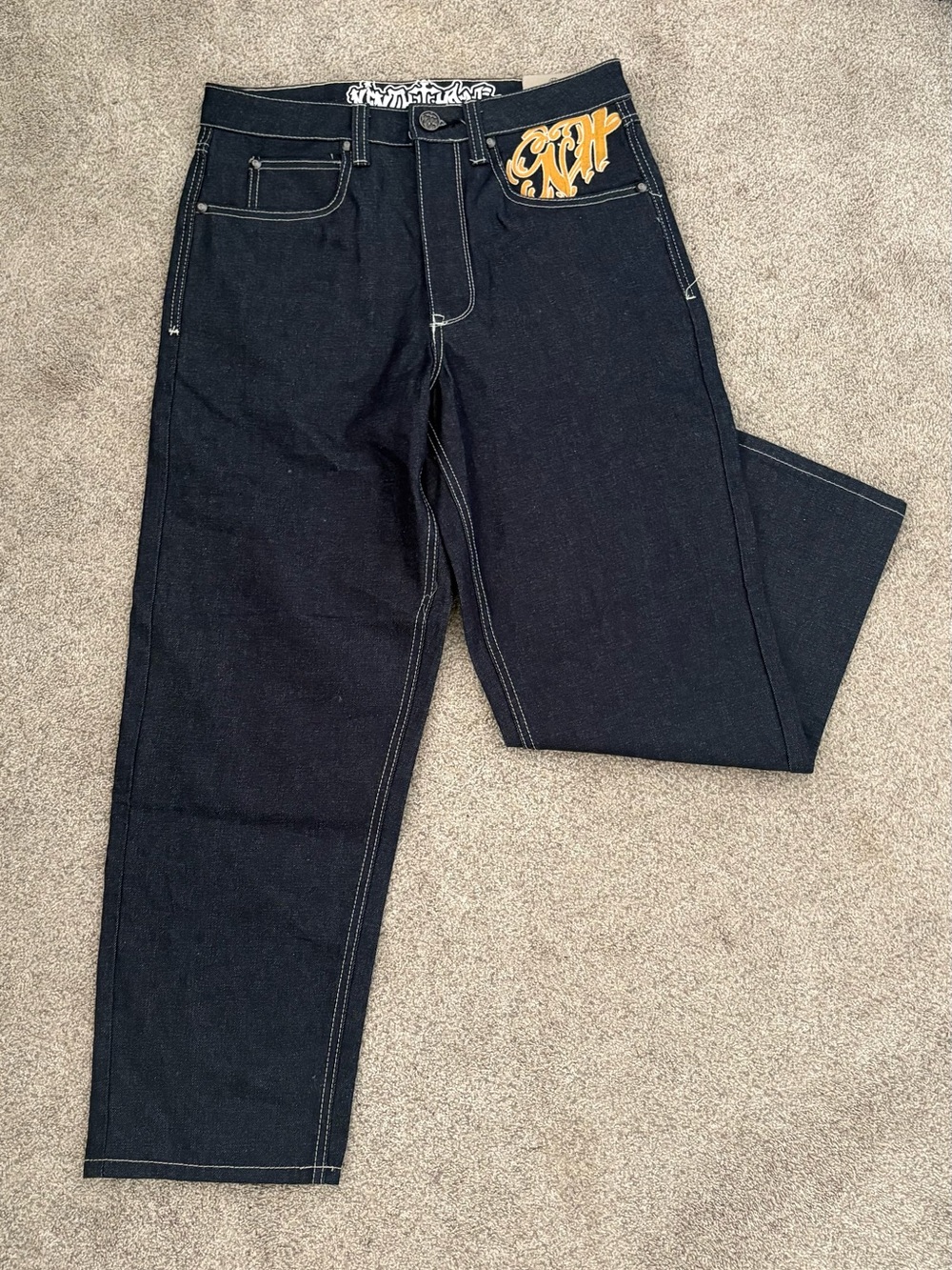 Men's Black Straight Jeans with Gold Stitch Accent